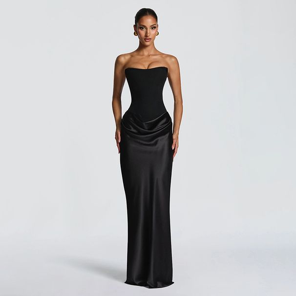 Elegant Strapless Bodycon Bandage Dress For Women, Sleeveless Backless Midi Dress With Contrast Panels_ecoleips.com