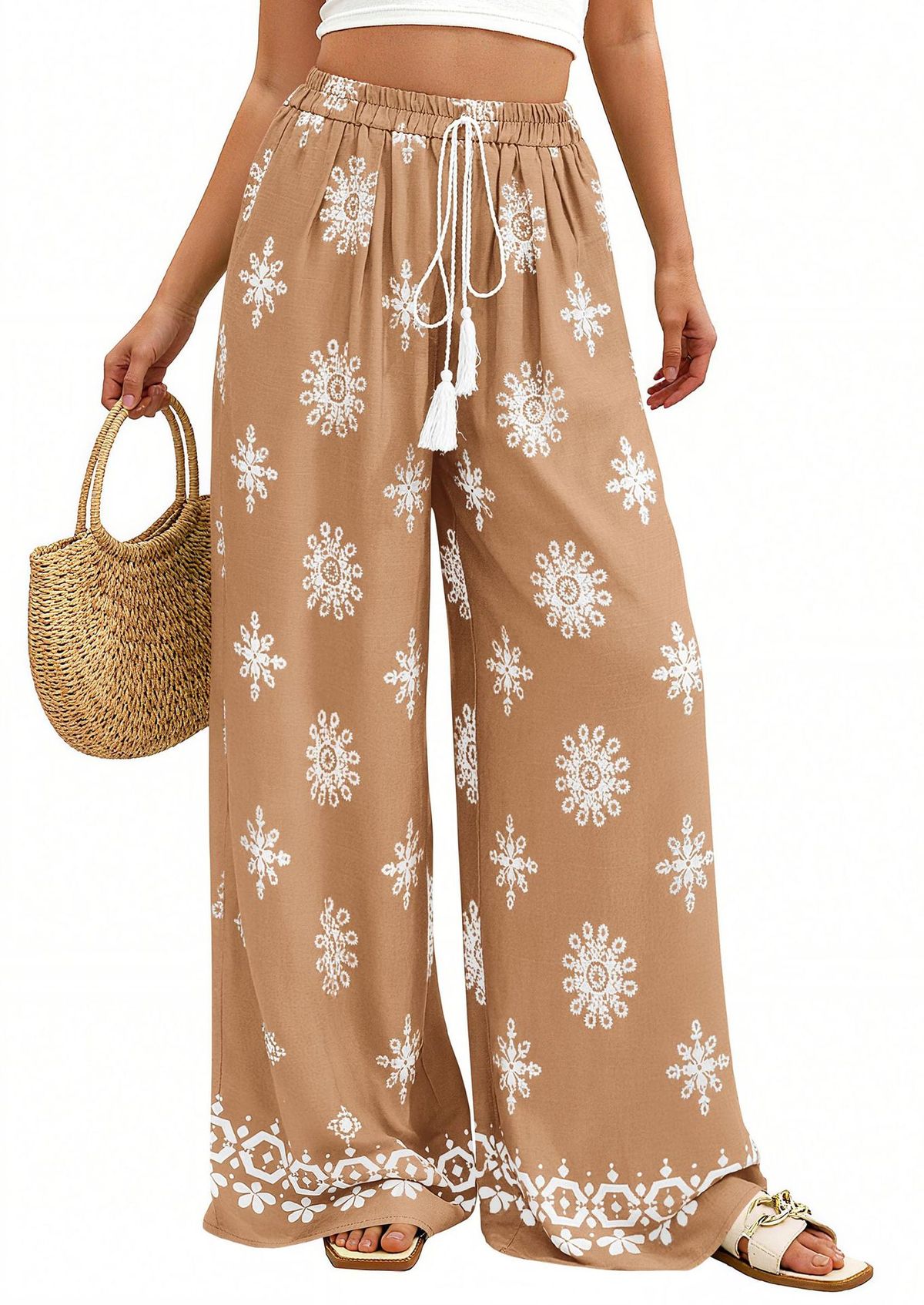 Women's Bohemian Print Wide Leg Pants High Waist Lace-Up Trousers Spring Summer England Style Fashion Polyester_ecoleips.com