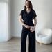 Women's Clothing Spring New Solid Color Short Sleeve V Neck Zipper Slim Jumpsuit_ecoleips.com