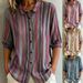 Women's Clothing Women's Color Block Striped Shirt Lapel Single Breasted Mid Sleeve Top_ecoleips.com