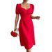 Voya Women's European And American Square Neck Chest Pleated Slit A-line Skirt Ins Popular Bubble Sleeve Red Dress_ecoleips.com