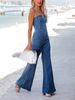 Women's Clothing Cotton Washed Blue Denim Suspenders Tight Flared High Elastic Trousers_ecoleips.com