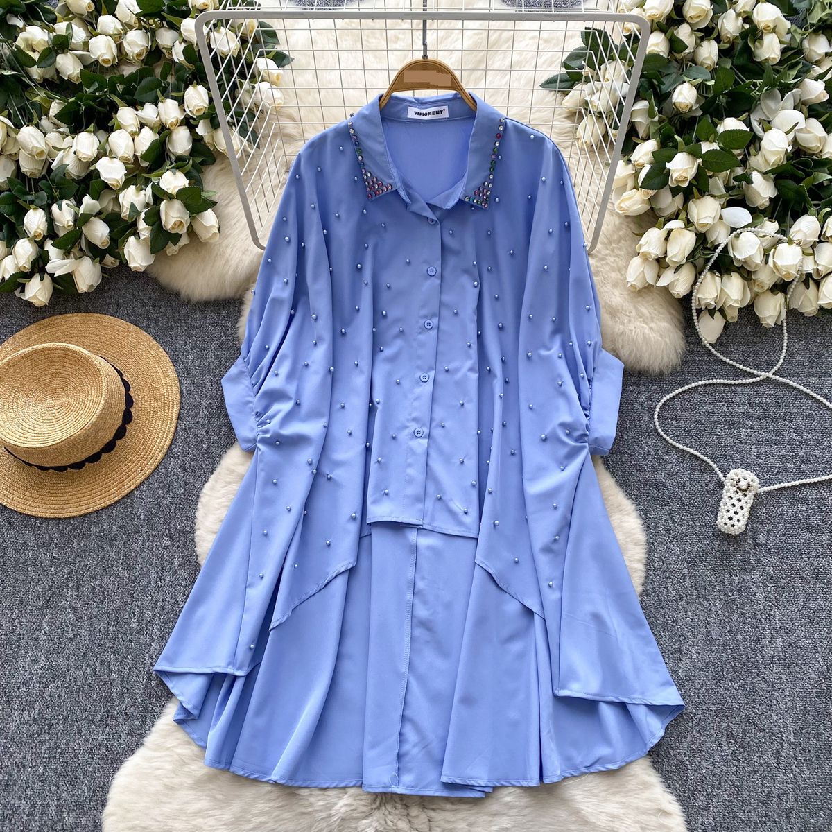 Women's Clothing Shirt For Women With Diamond And Beading Single-breasted Bat Sleeves Loose And Flesh-covering Mid-length Top_ecoleips.com