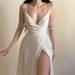 Women's Clothing Elegant Sexy Spaghetti Strap Slit V Neck Elegant V-Neck Slit Dress – Strapless Party Gown With Pleated Detail In Soft Beige (S-XXL)_ecoleips.com