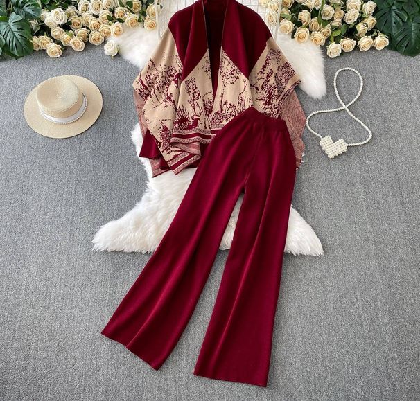 Elegant Three Piece Set With Turtleneck Sweater Printed Knitted Shawl Cardigan And High Waisted Slimming Trousers For Women_ecoleips.com