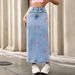 Women's Bow-Tie Pearl Denim Midi Skirt – Stretch-Free A-Line Skirt For Casual & Streetwear | XS-L (Blue)_ecoleips.com