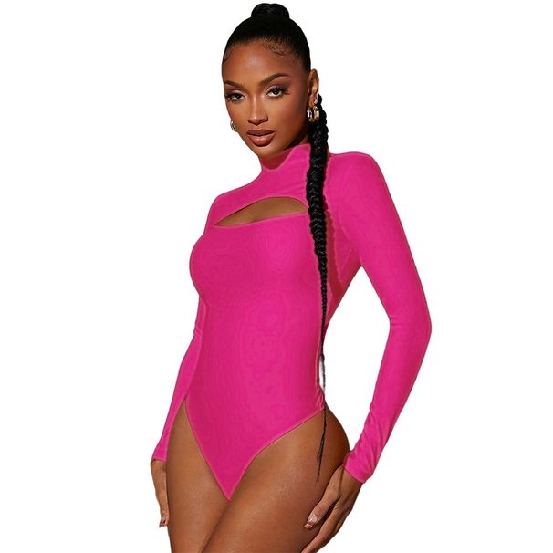 Voya Women's Spicy Style Sexy Hollow Jumpsuit For Spring And Autumn Wear, High Waisted Long Sleeved Rose Red Base Top_ecoleips.com