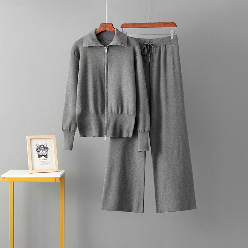 Elegant Knitted Two Piece Set for Women Double Zipper Lapel Sweater Loose Casual Long Sleeved Top Wide Leg Pants_ecoleips.com