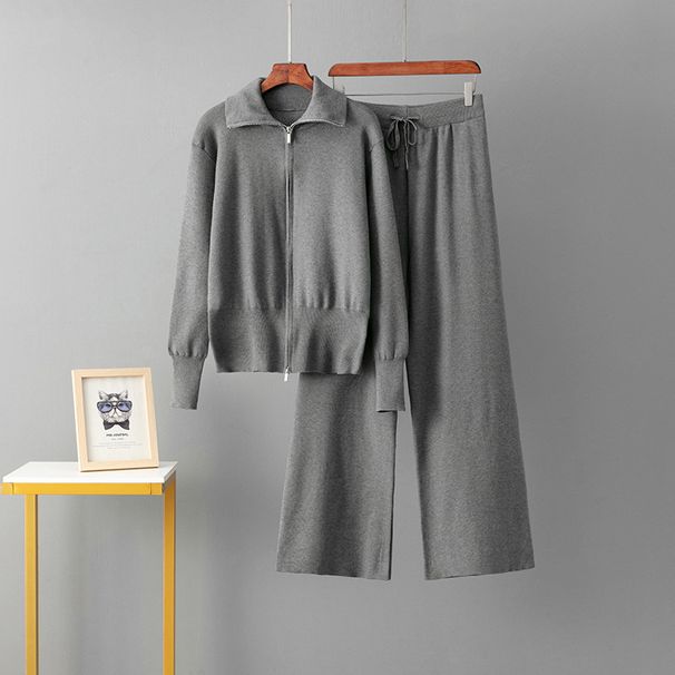 Elegant Knitted Two Piece Set for Women Double Zipper Lapel Sweater Loose Casual Long Sleeved Top Wide Leg Pants_ecoleips.com