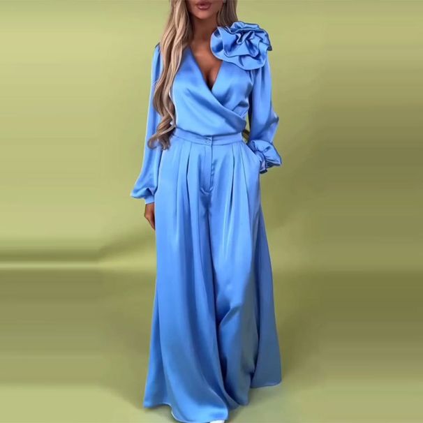 Women's Clothing Luxury Elegant V Neck Satin Long Sleeved Top Wide Leg Pants Set_ecoleips.com