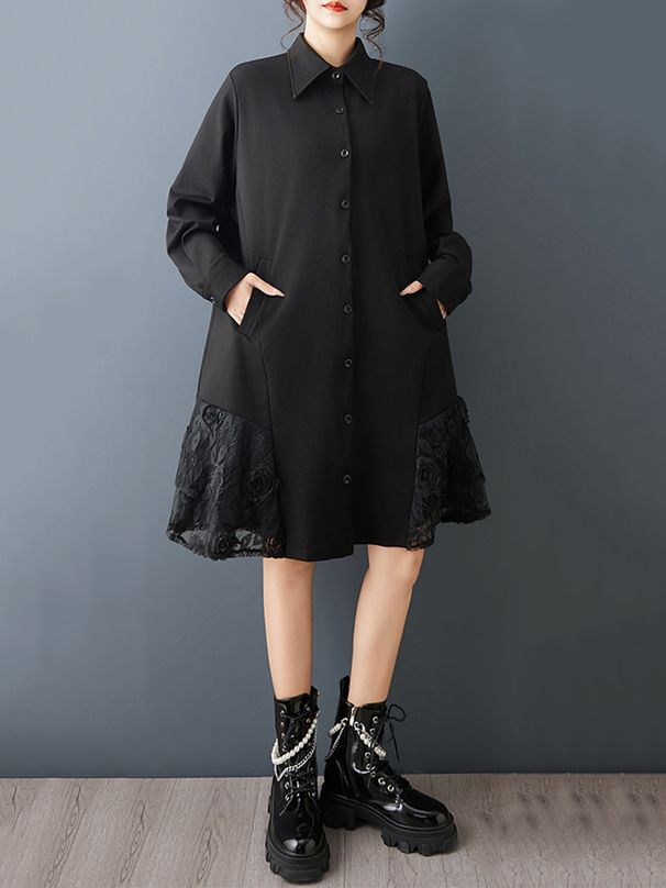 Oversized Vintage Patchwork Lace Dresses For Women New Long Sleeve Loose Casual Shirt Dress Elegant Clothes Spring Autumn 2026_ecoleips.com