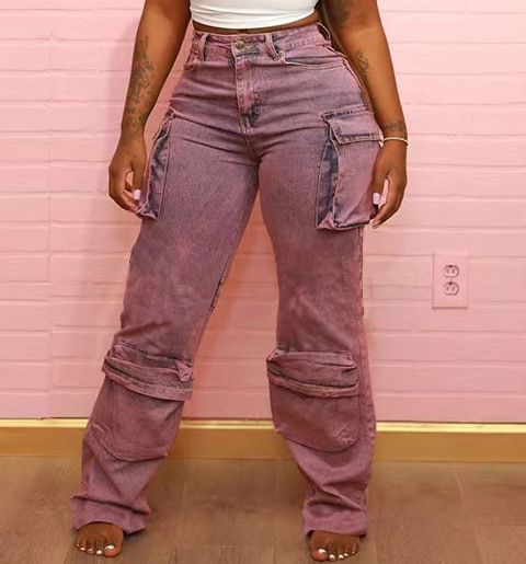 Women's Clothing Tie-Dye High-Waisted Cargo Pants – Women’s Streetwear Denim Work Pants With Patch Pockets & Straight Leg (S-L, Pink/Brown)_ecoleips.com
