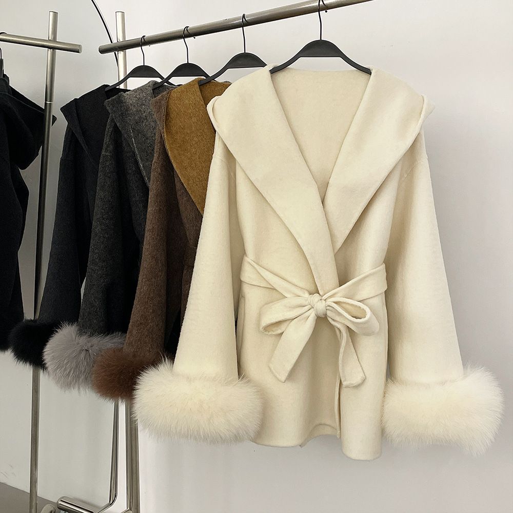 Elegant Oversized Fox Fur Collar Double-Faced Wool Coat For Women - Warm Winter Outerwear With Hood, Loose Fit, Mid-Length_ecoleips.com