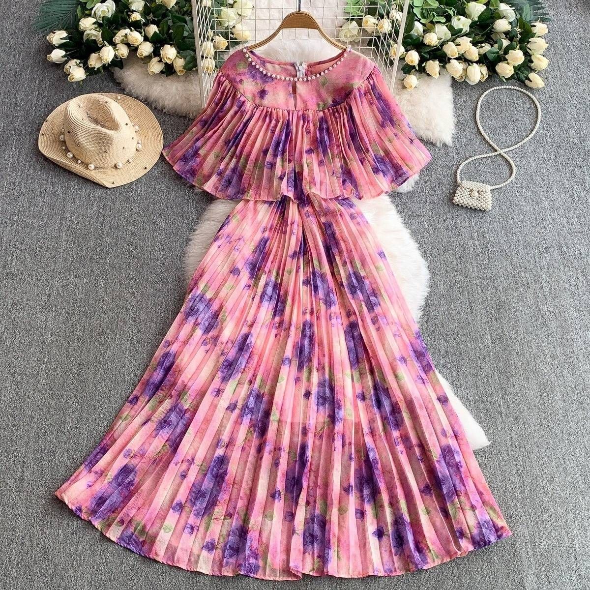 Women's Clothing Light Luxury Heavy Beaded Round Neck Lotus Leaf Sleeve Dress Summer Waist Slimming Pleated Long Skirt_ecoleips.com