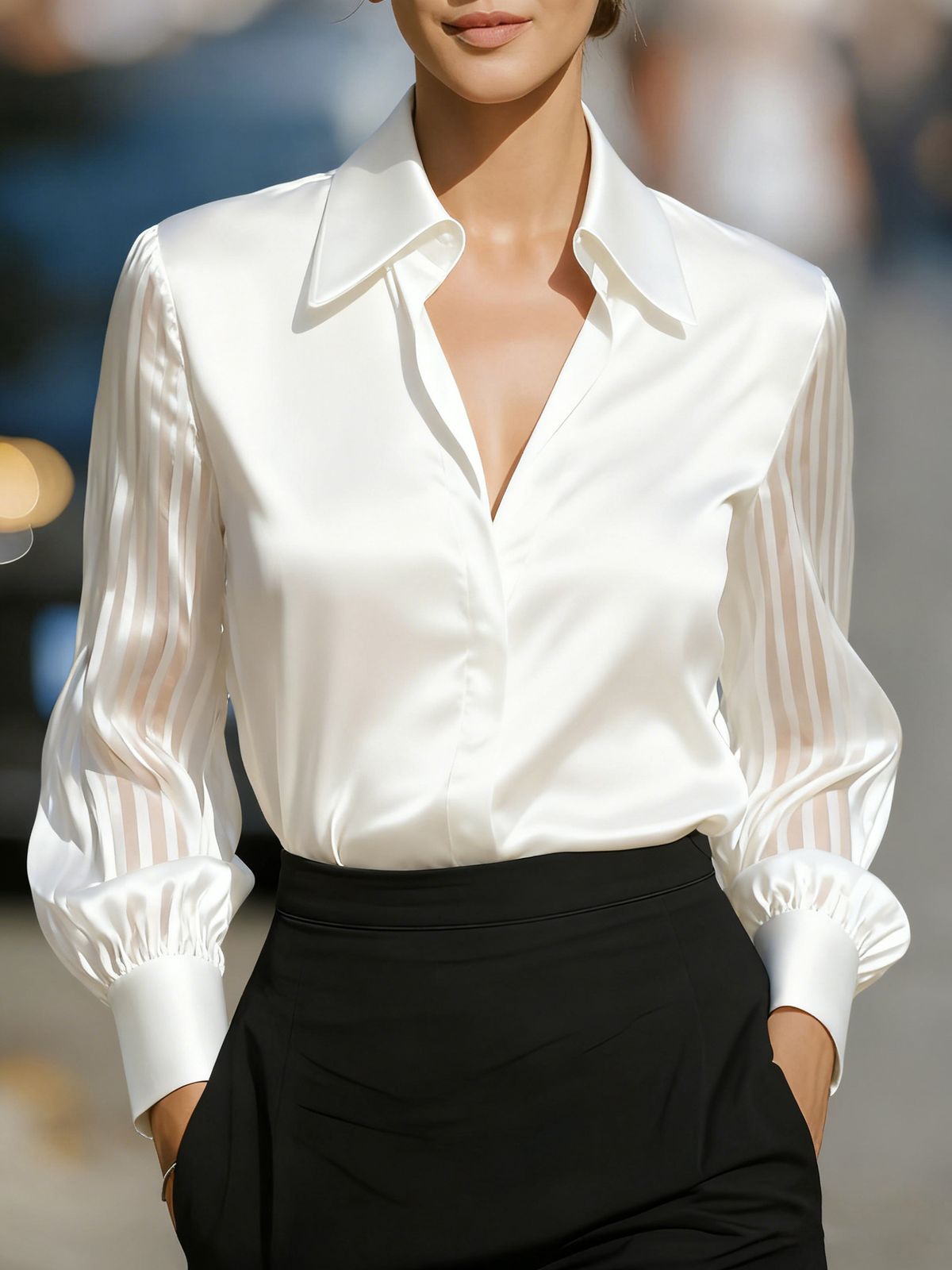 Women's Satin-Blend Oversized Shirt – Minimalist Long Sleeve With Contrast Panels (S-XXL, Red/Black/White/Navy)_ecoleips.com