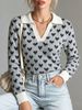 Women Soft Skin-Friendly Breathable Heart Print Knit Top Contrast Polo V Neck Long Sleeve Oversized Loose Fuzzy Knit Sweater_ecoleips.com