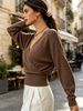 Coffee Brown Deep V Wrap Pit Rib Knit Sweater, Loose Lightweight Breathable Soft Skin-touch Long Sleeve Slim Waist Pullover_ecoleips.com