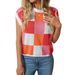 Summer Cap Sleeve Knitted Sweater For Women Color Block Round Neck Short Length Checkerboard Pattern Baring Navel Design_ecoleips.com
