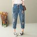 Japanese Ethnic Style Plus-size Denim Cropped Pants With Ripped Details Embroidered Floral Bird Patterns, Women's Jeans,_ecoleips.com