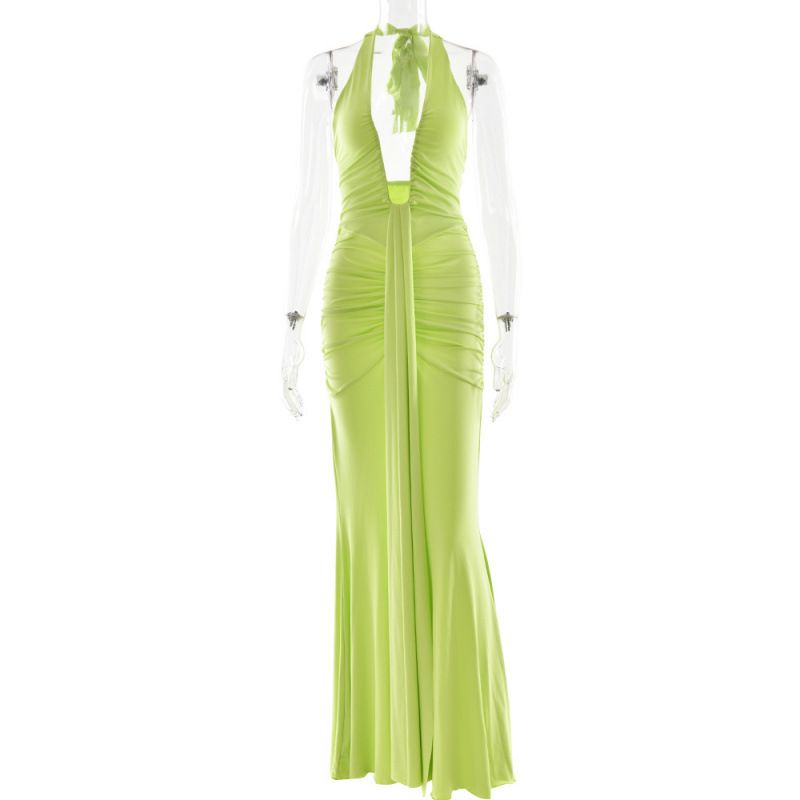 Elegant Solid Color Halter Deep V Neck Dress Sexy Backless High Waist Maxi Dress With Ribbon Temperament Long Dress For Women_ecoleips.com