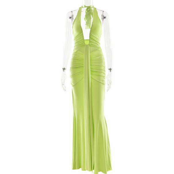 Elegant Solid Color Halter Deep V Neck Dress Sexy Backless High Waist Maxi Dress With Ribbon Temperament Long Dress For Women_ecoleips.com