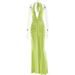 Elegant Solid Color Halter Deep V Neck Dress Sexy Backless High Waist Maxi Dress With Ribbon Temperament Long Dress For Women_ecoleips.com