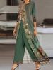 2024 European And American Style Women's Dress Two-Piece Jade Green Long Sleeve Printed Round Neck Jumpsuit Set_ecoleips.com