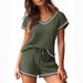 Women's Clothing Waffle Short Sleeved Shorts Casual Suit V Neck Top Shorts Home Clothes_ecoleips.com