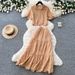 Pink Openwork Lace Two Piece Set for Women Short Sleeved Sophisticated High Waisted Slimming Summer Resort Style Commuting Suit_ecoleips.com