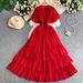 Elegant French Style Slim Fitting V Neck Dress Rhinestone Embellished Elastic Waist Cake Skirt Flattering Women's Dress_ecoleips.com