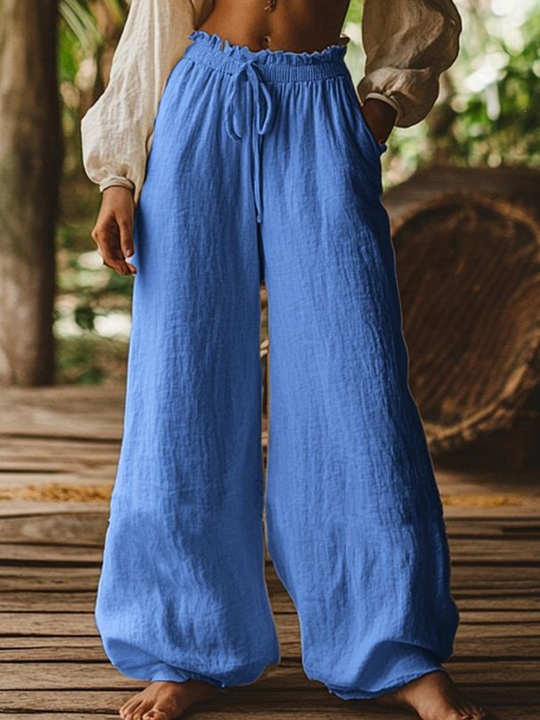 Women's Solid Color Casual Loose Pants Autumn Fashion Wide Leg Elastic Waist Literary Style with Pockets European American Cross Border 2026_ecoleips.com
