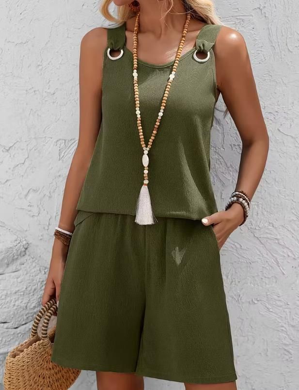 Women's Clothing Spring/Summer Elegant Two Piece Set For Women Round Neck Solid Color Style Spring Summer Sleeveless Shorts Set_ecoleips.com
