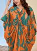 Floral Print Muslim Maxi Dress With Elegant V-Neck - Breathable Polyester Satin Fabric For Women (One Size, Long Sleeve, Asymmetrical Hem)_ecoleips.com