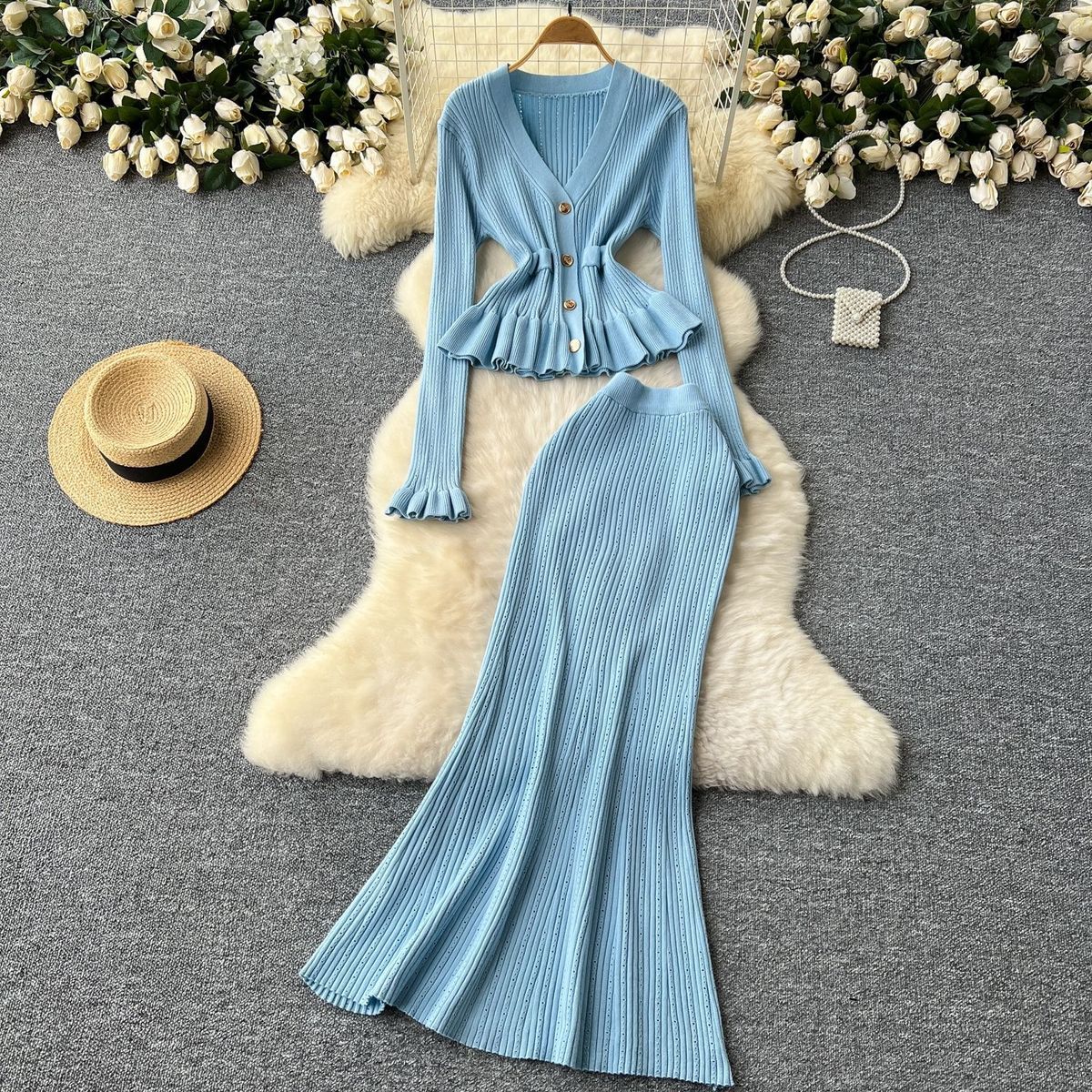 Elegant French-Inspired Knit Set | Flutter Sleeve Top & Mermaid Skirt | Luxe Two-Piece Outfit_ecoleips.com