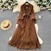 Women's Clothing Elegant A-Line Dress With Rhinestone Accents – Long Sleeve Tie-Waist Pleated Midi Dress (Blue/Brown/Green/Red/Black, One Size)_ecoleips.com