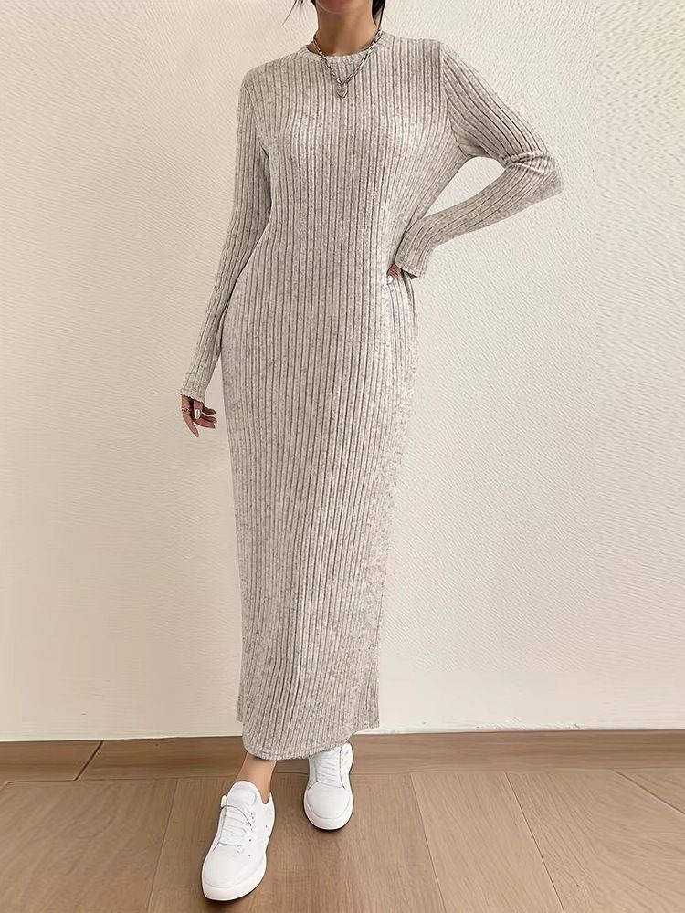 Women's Long Sleeve Knit Dress - Casual High Waist Maxi Dress With Round Neck, Solid Color, Loose Fit For Fall & Winter_ecoleips.com