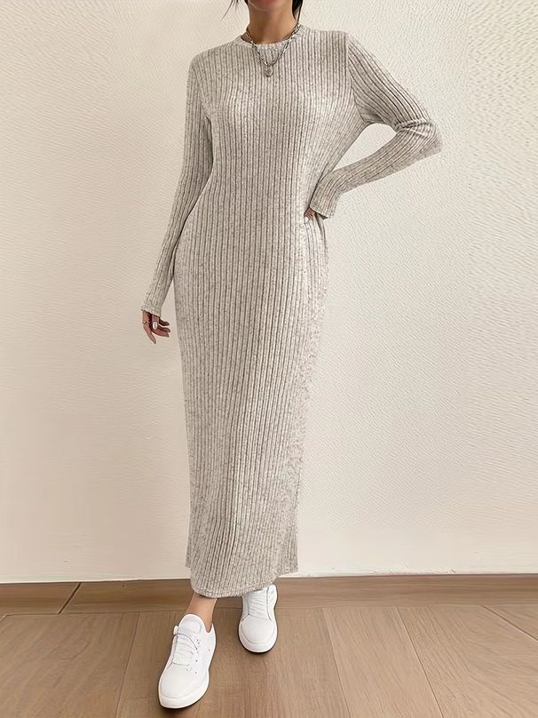Women's Long Sleeve Knit Dress - Casual High Waist Maxi Dress With Round Neck, Solid Color, Loose Fit For Fall & Winter_ecoleips.com