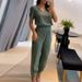 Women's Solid Color V Neck Short Sleeve Top And Jogger Pants Set Casual Comfortable Outfit_ecoleips.com