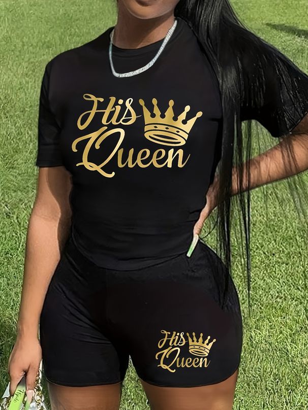 Summer Women's Casual Fashion Queen Letter Print Loose T-shirt Shorts Two-piece Sportswear Suitable For Daily Wear-126_ecoleips.com