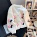Women's Korean Style Floral Knitted Cardigan Sweet Three Dimensional Autumn Winter Sweater Coat Loose Soft Versatile Age Reducing_ecoleips.com