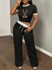 Women's Casual Sporty Two-Piece Set Short Sleeve Top Comfortable Pants Black White-11237_ecoleips.com