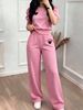 Women's Casual Suit Solid Color Heart Embroidered Puff Sleeve Top with Pocket Wide Leg Pants Spring/Summer Fashion_ecoleips.com