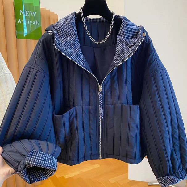 girl Girl Girl Hooded Quilted Short Jacket For Women, Plaid Patchwork, Double Jacket, 2025 Autumn New Lightweight Coat, Thin Cotton_ecoleips.com