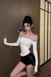FORNIS Rhinestone Off-Shoulder Long Sleeve Top PU Straight Shorts Set_ecoleips.com