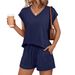 Women's V-Neck Short Sleeve Top & Shorts Lounge Set, Casual Summer Two Piece Outfit_ecoleips.com
