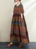 2026 New Summer Cotton Linen Short Sleeve Vintage Striped Print Dresses For Women Long Fashion Dress Elegant Vestidos Robe Femme_ecoleips.com