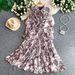 Women's French Style Elegant V Neck Dress Bow Bell Sleeve Fitted Waist Shimmering Print Ruffled Hem_ecoleips.com