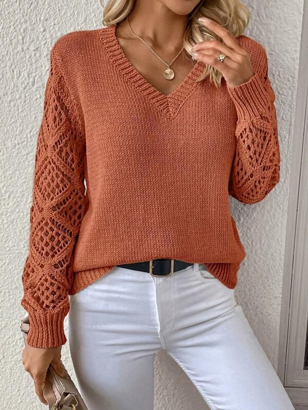 Elegant V-Neck Long Sleeve Knit Top With Lace Detailing – Breathable & Stylish Women’s Casual Blouse For Fall & Spring_ecoleips.com