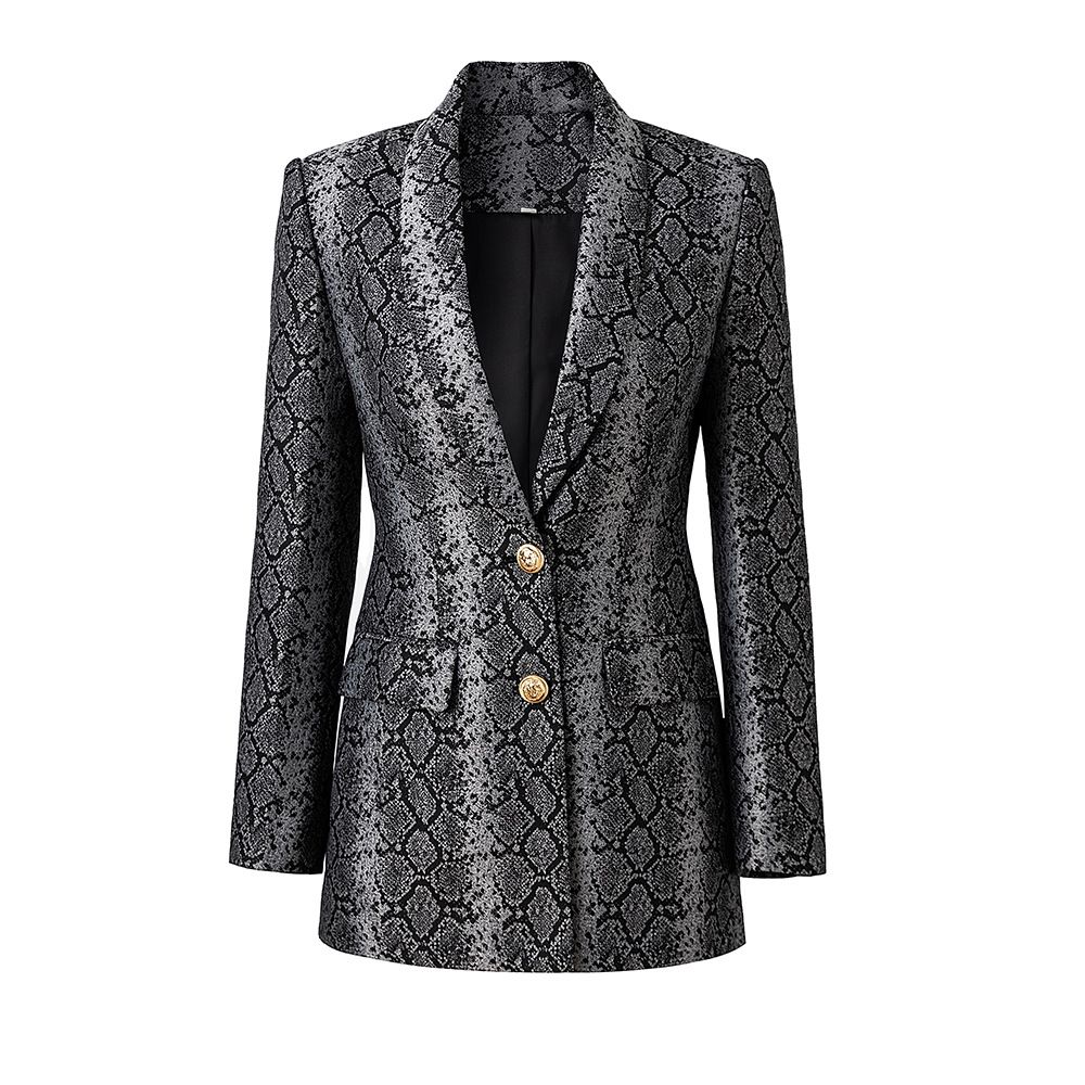 Women's Clothing Spring and Autumn new fashion jacquard leather mid length two button suit jacket long top_ecoleips.com