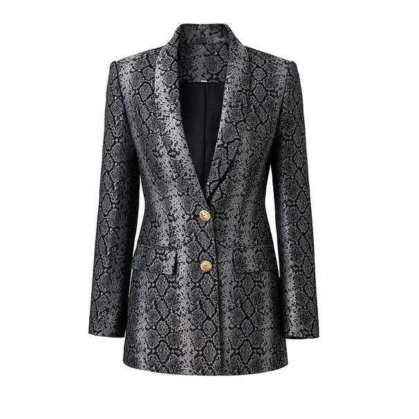 Women's Clothing Spring and Autumn new fashion jacquard leather mid length two button suit jacket long top_ecoleips.com